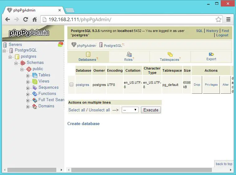 CentOS 7 - phpPgAdmin Databases