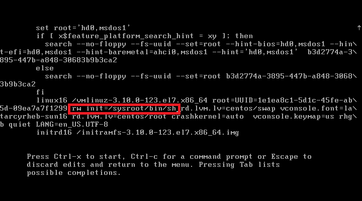 CentOS 7  - Reset root password - After changing Kernel Argument