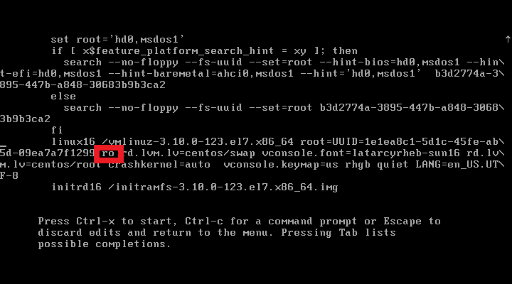 CentOS 7  - Reset root password - Before changing Kernel Argument RO