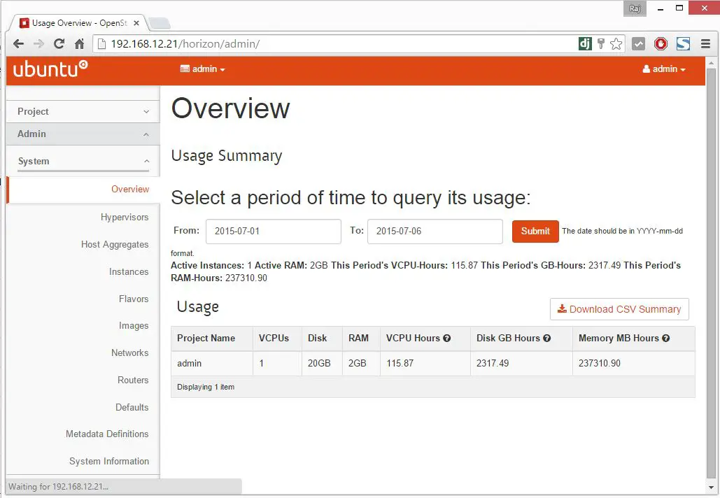 OpenStack - Configure Horizon (Usage Summary)