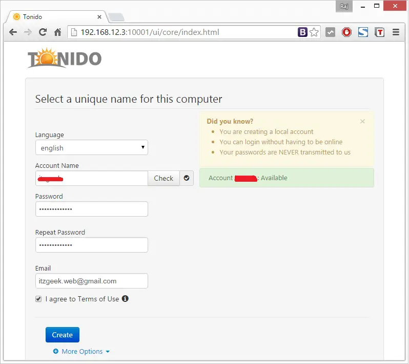 Install Tonido - Create a Account