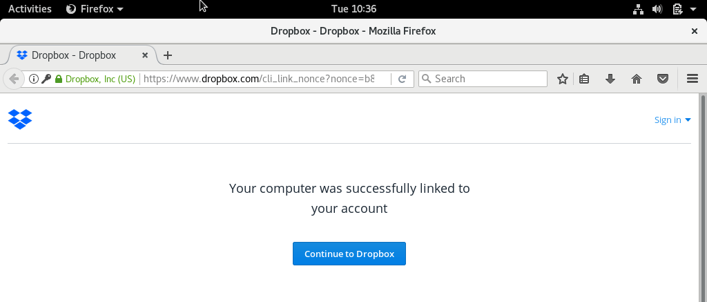 Install Dropbox on Fedora 27 - Continue to Dropbox