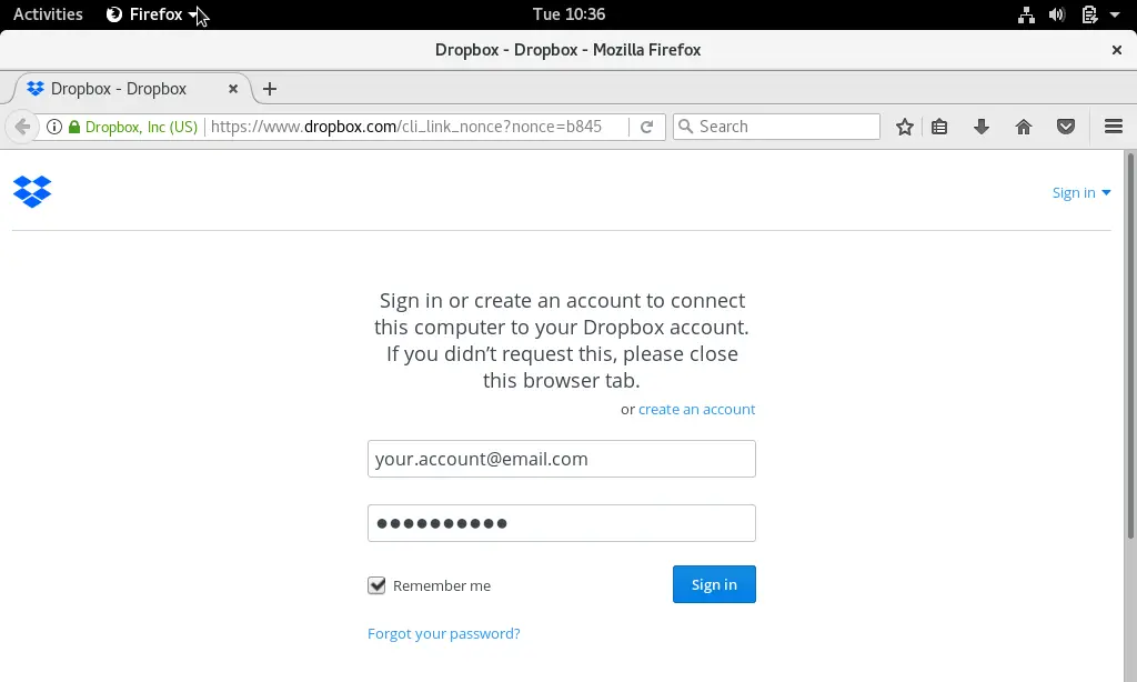 Install Dropbox on Fedora 27 - Login to Dropbox