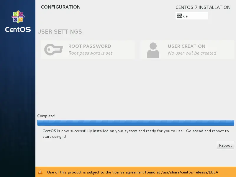 CentOS 7 Installation - Reboot