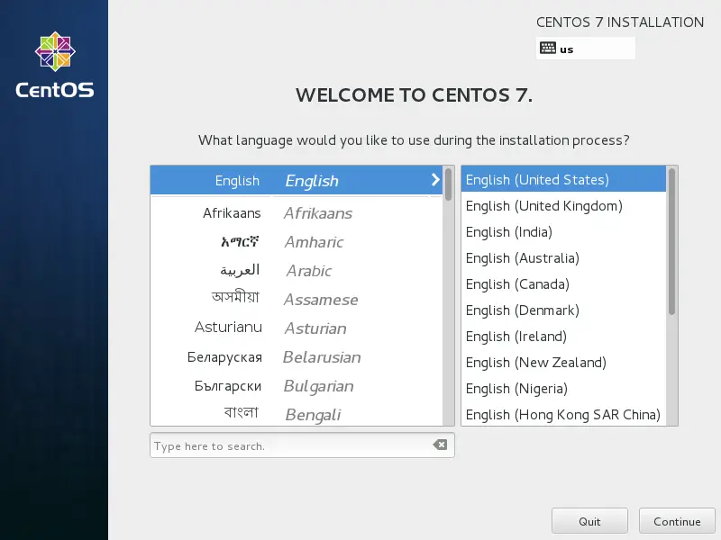 CentOS 7 - Select Language