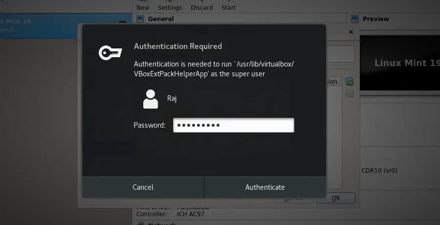 Install Oracle VM VirtualBox Extension Pack on Linux Hosts - Authentication