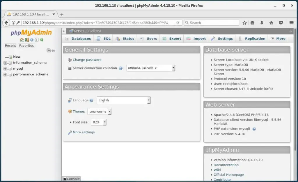 Install phpMyAdmin on CentOS 7 - phpMyAdmin Dashboard