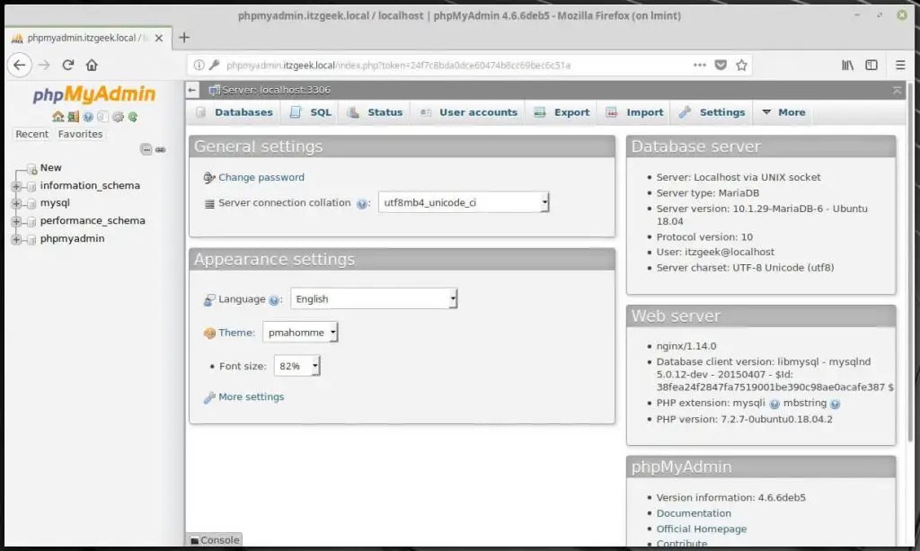 Install phpMyAdmin with Nginx on LinuxMint 19 - phpMyAdmin Dashboard