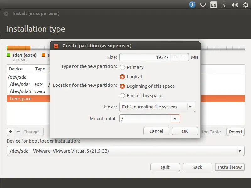 Ubntu 14.10 -Manual Partition Root