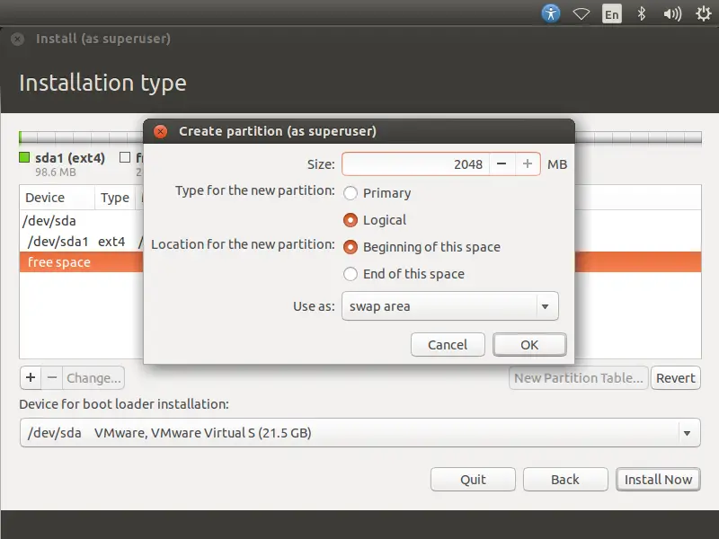 Ubntu 14.10 -Manual Partition Swap