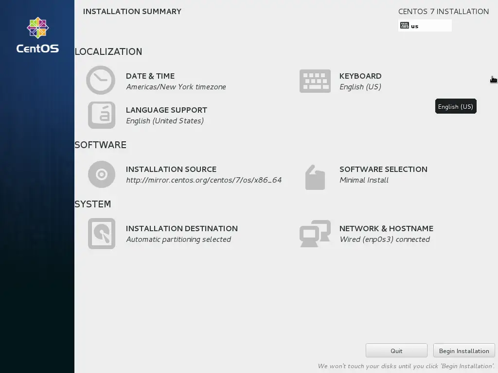 CentOS 7 NetInstall - Installationszusammenfassung ohne Warnung
