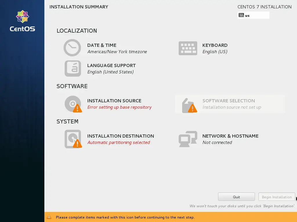 CentOS 7 NetInstall - Hauptinstallationszusammenfassung