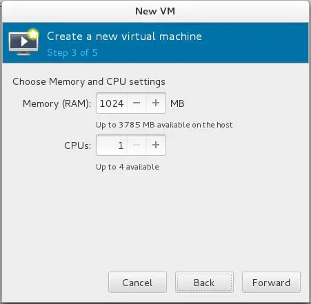 Install KVM on Fedora 26 - Virt Manager - Memory and CPU
