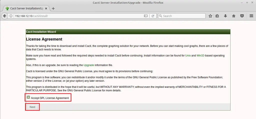 Install Cacti on CentOS 6 - Cacti License Agreement