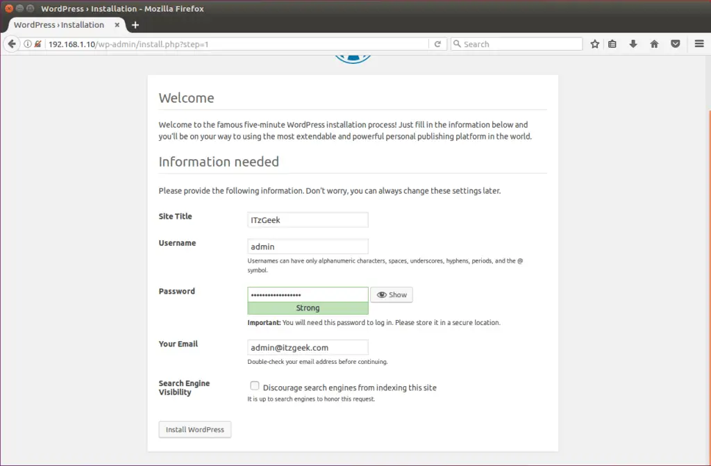 Install WordPress on Ubuntu 16.04 - Enter Site Information