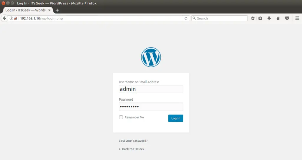 Install WordPress on Ubuntu 16.04 - WordPress Admin Login Screen