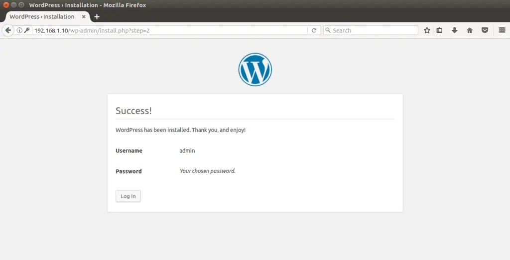 Install WordPress on Ubuntu 16.04 - WordPress Installation Completed