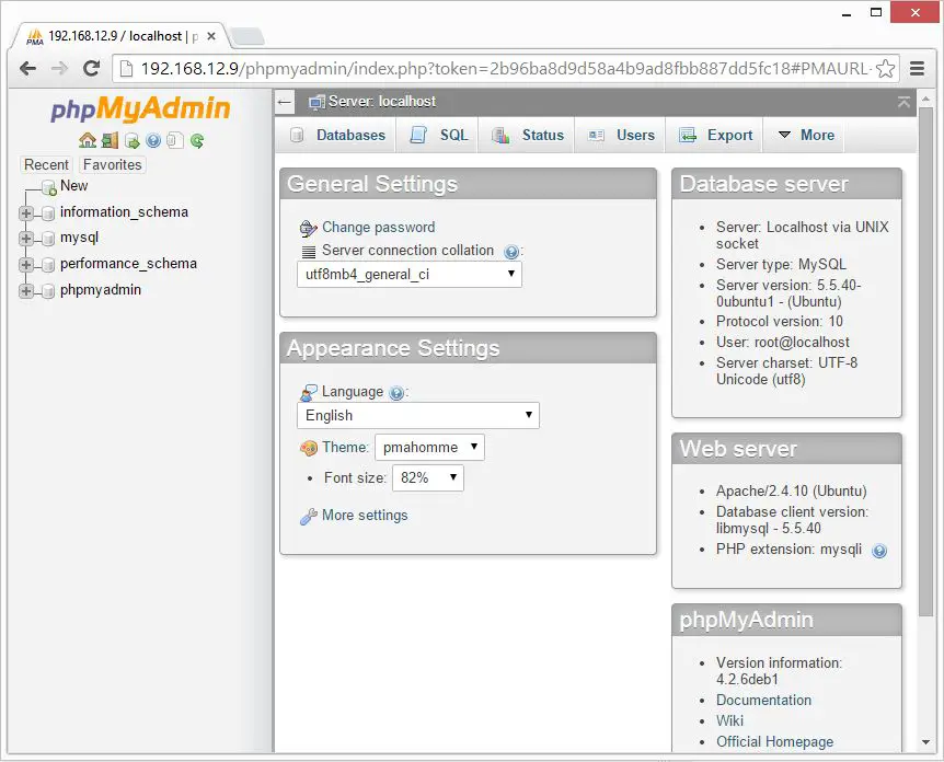 Ubuntu 14.10 - phpMyAdmin - Main Page