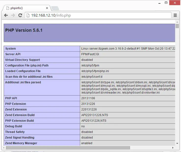 Install LEMP (Nginx + MariaDB + PHP) on openSUSE 13.2 - Nginx PHPFPM Info
