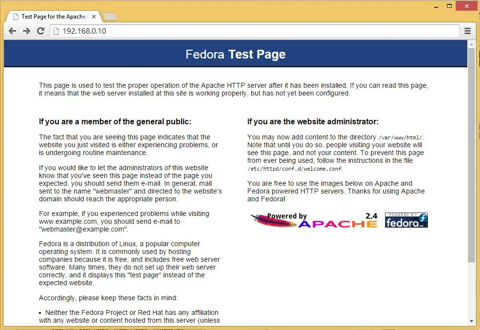 Fedora 21 - Apache Default page