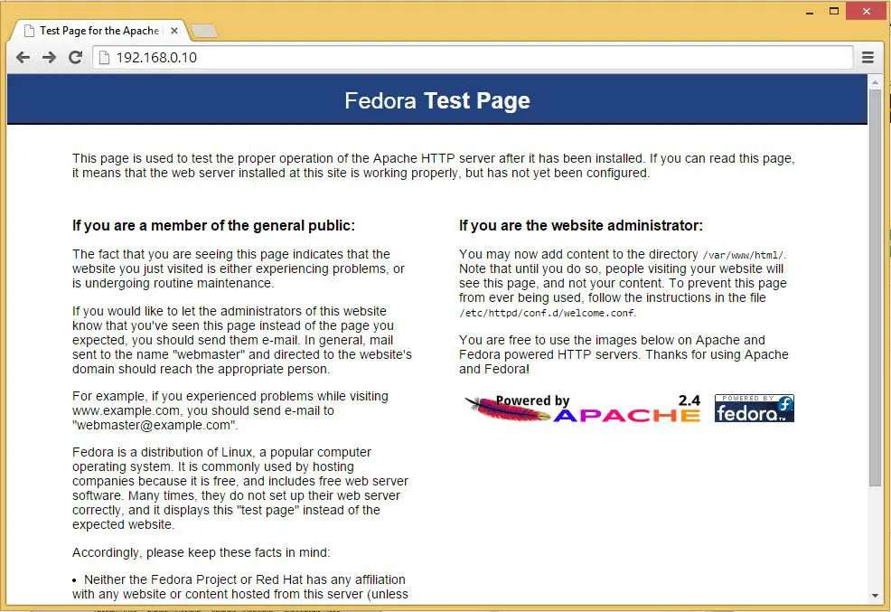 Install LAMP on Fedora 27 - Apache Default page