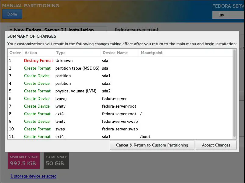 Fedora 21 - Manual Partitioning Accept Changes