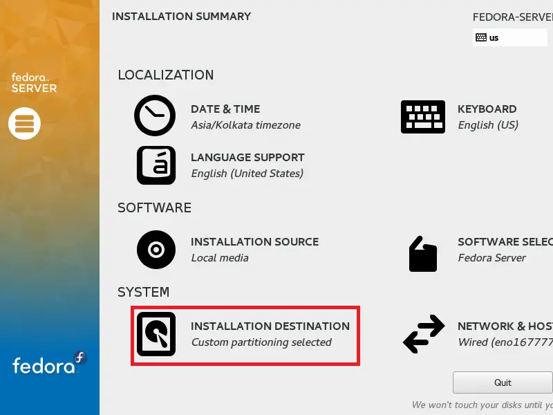 Fedora 21 - Manual Partitioning Installation Summary