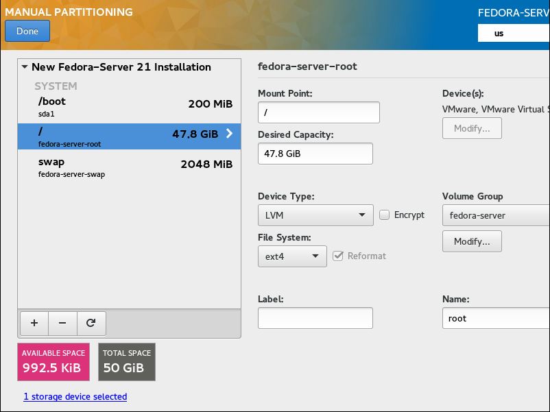 Fedora 21 - Manual Partitioning Summary