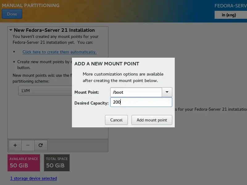 Fedora 21 Server- Manual Partitioning boot