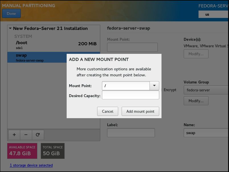 Fedora 21 Server- Manual Partitioning root