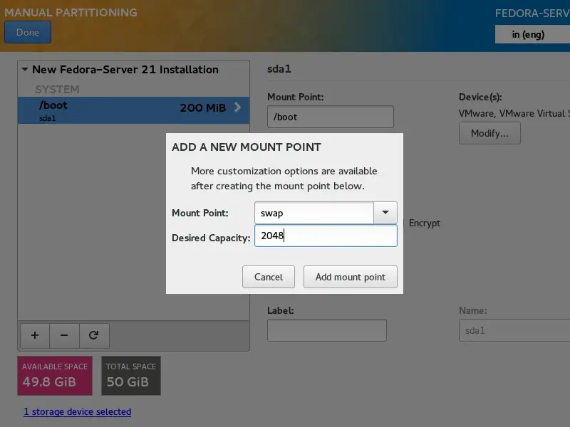 Fedora 21 Server- Manual Partitioning swap