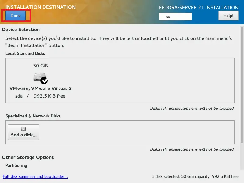 Fedora Server 21 - Auto Partitioning Done