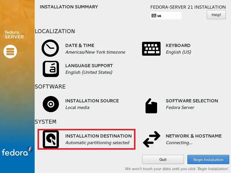 Fedora Server 21 - Auto Partitioning Summary