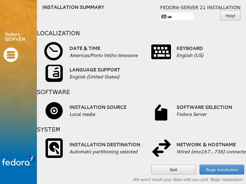 Fedora Server 21 - Begin Installation