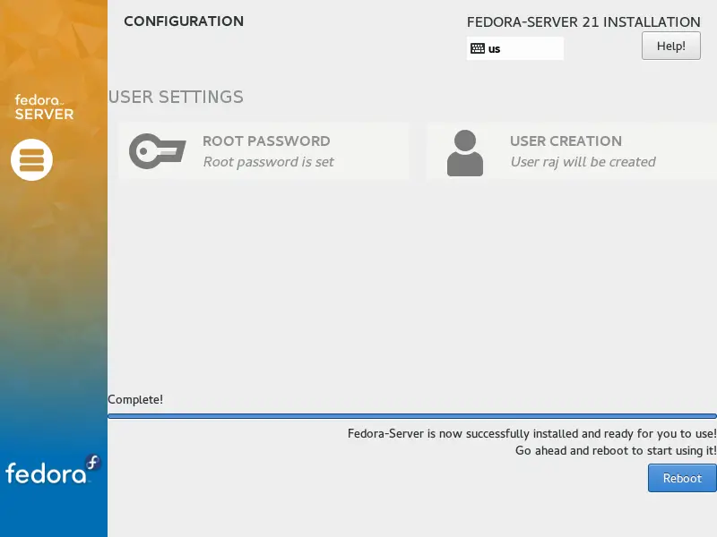 Fedora Server 21 - Installation Successful