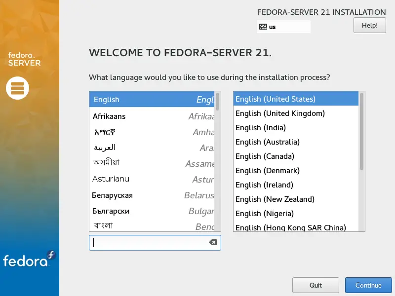 Fedora Server 21 - Select Language