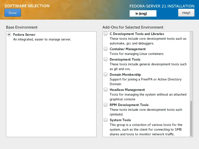 Fedora Server 21 - Software Selection