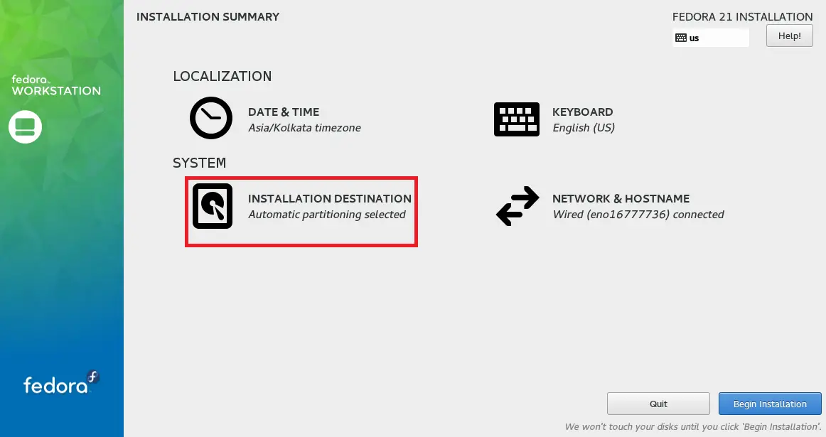 Fedora WS 21 - Automatic Partition Summary