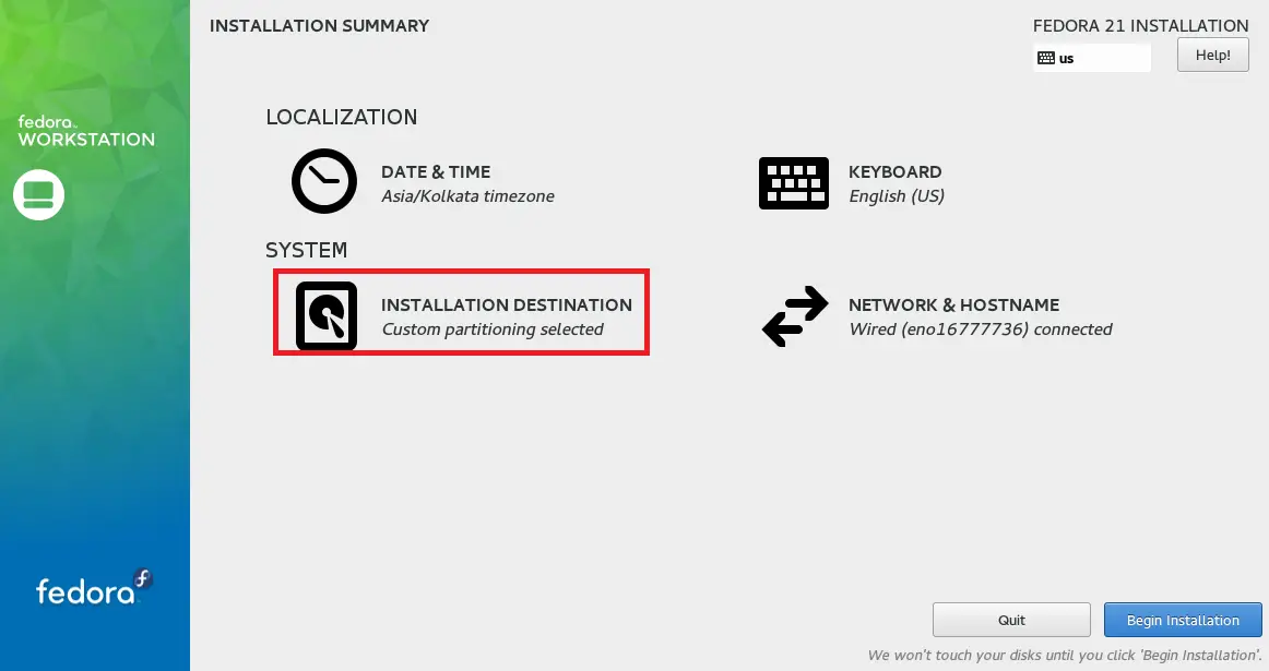 Fedora WS 21 - Custom Partition Installation Summary