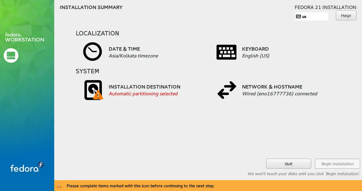 Fedora WS 21 - Installation Summary