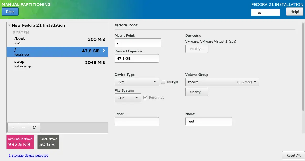 Fedora WS 21 -   Manual Partition Summary