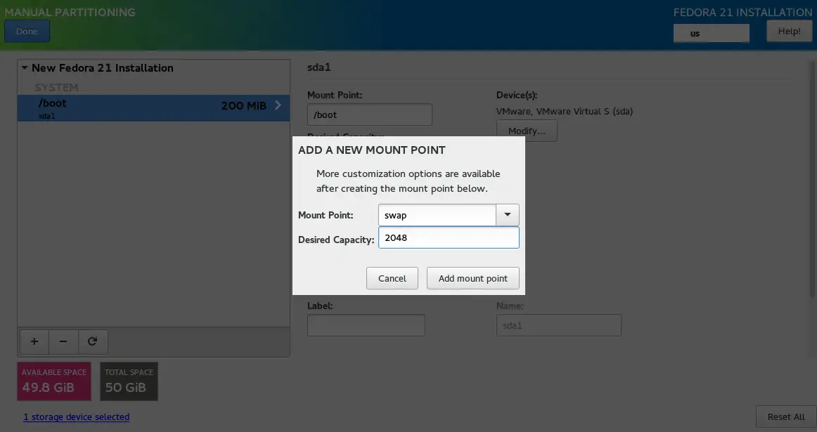 Fedora WS 21 -  Manual Swap Partition