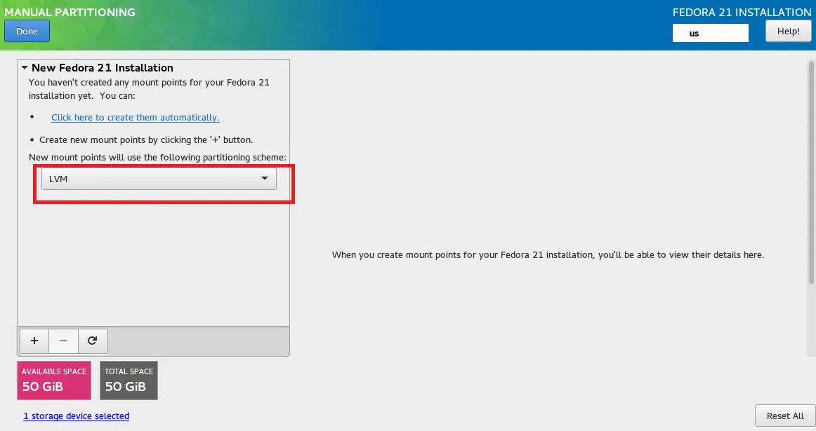 Fedora WS 21 -  Manual partitioning Scheme