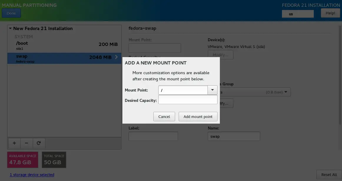 Fedora WS 21 -  Manual root Partition