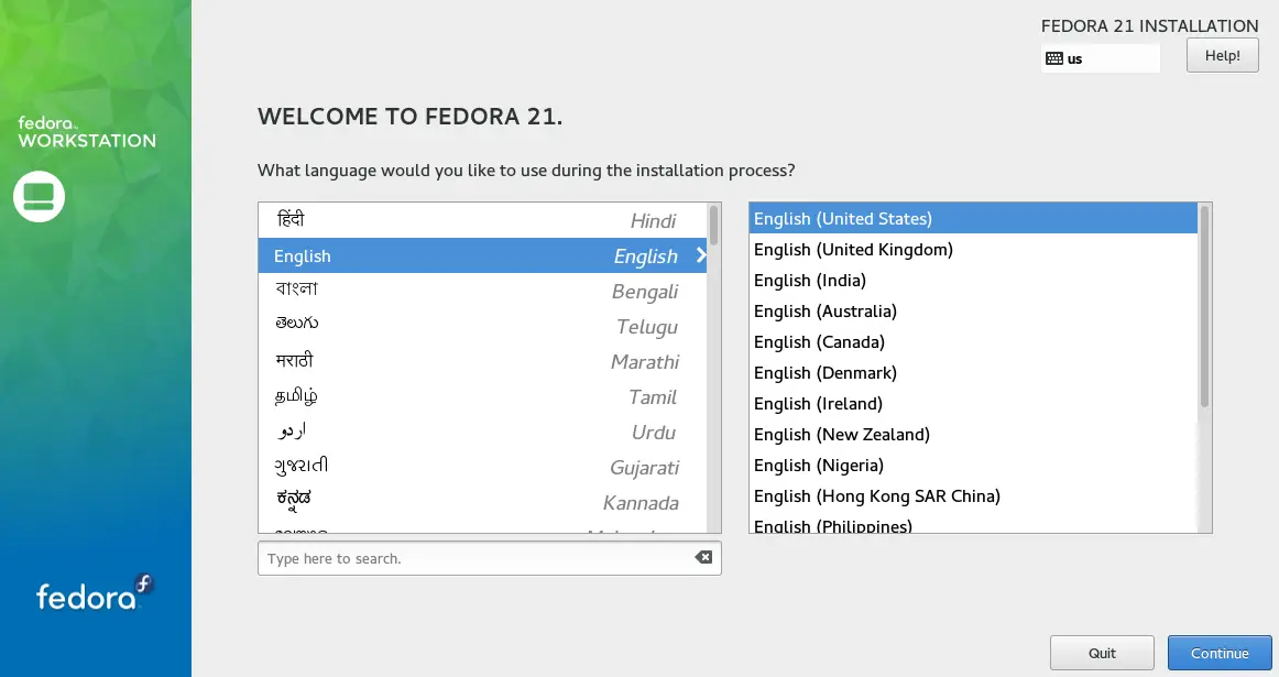 Fedora WS 21 - Select Language