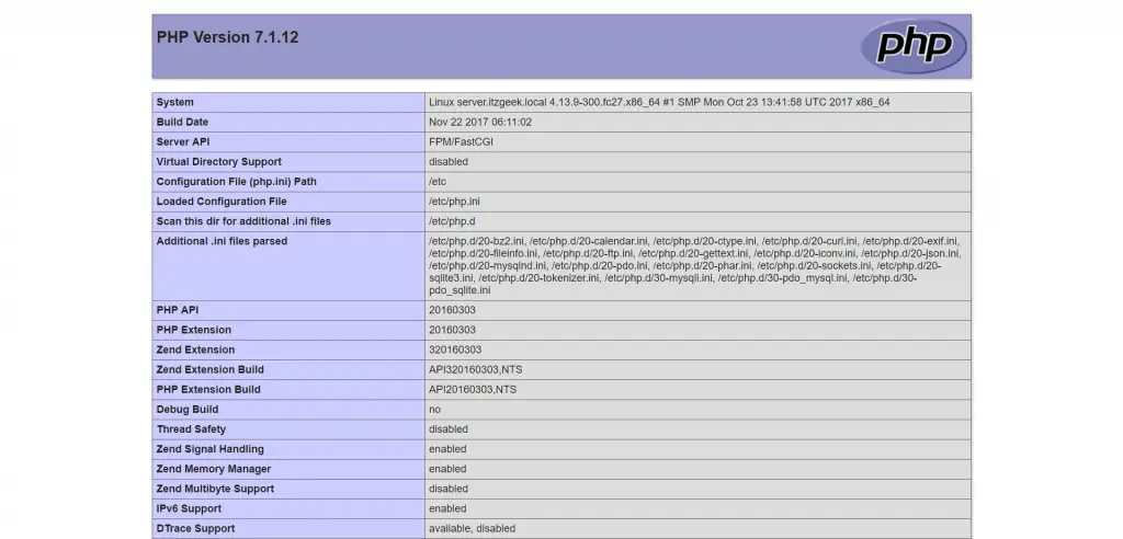 Install Nginx + MariaDB + PHP on Fedora 27 - PHP Information