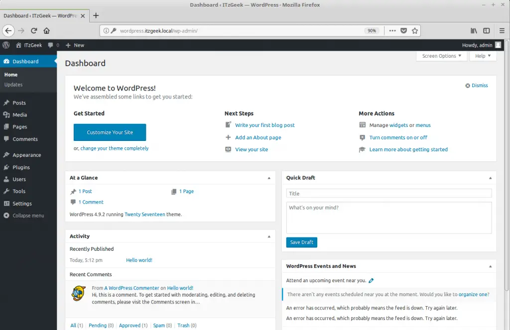 Insatall WordPress with Nginx on Fedora 27 - WPAdmin DashBoard