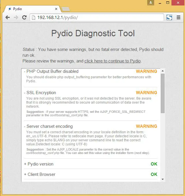 Pydio Diagnostic page with warnings