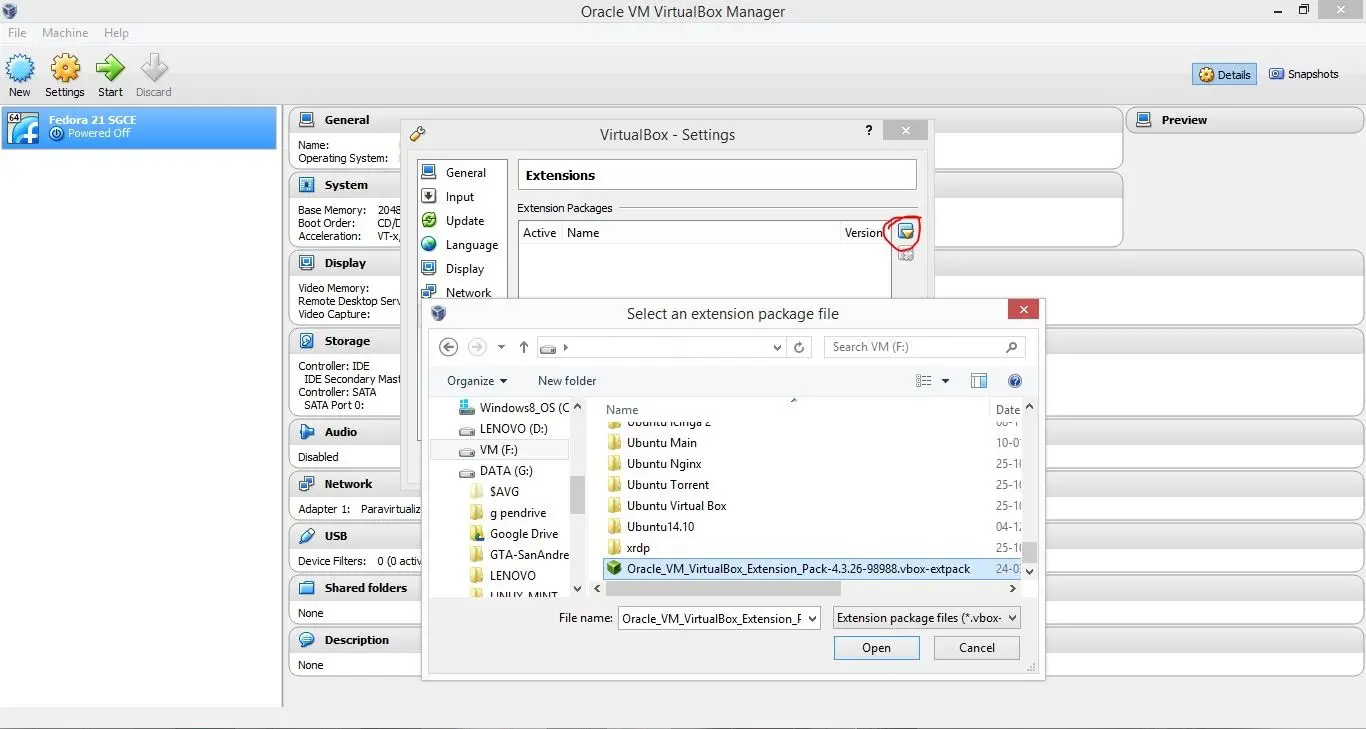 VirtualBox Installation - Add Extension Pack