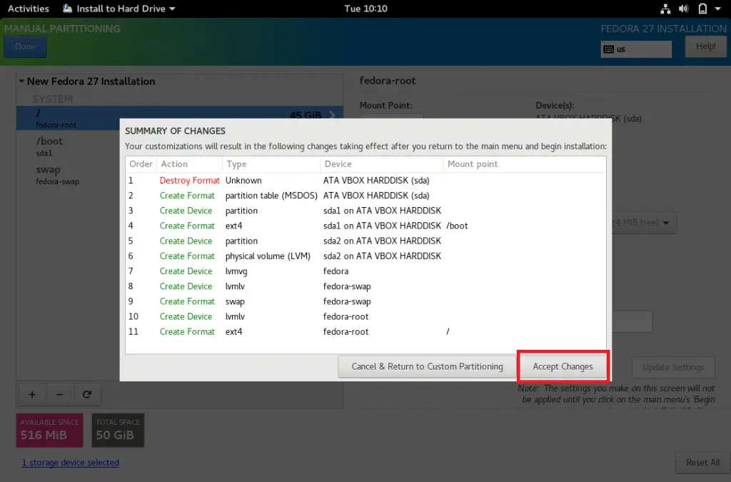 Install Fedora 27 Workstation - Accept Changes